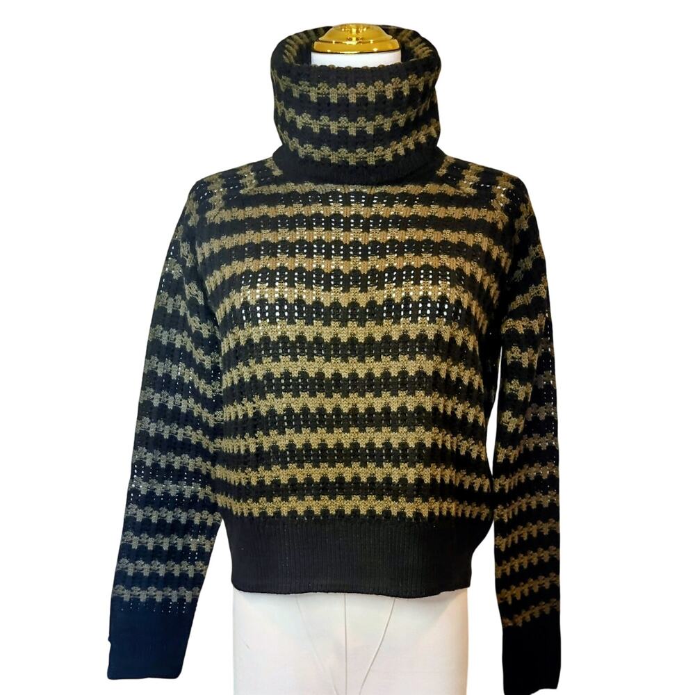 Aqua knitted Crop Cowl Neck Army Green and Black stripe Sweater Size XS.